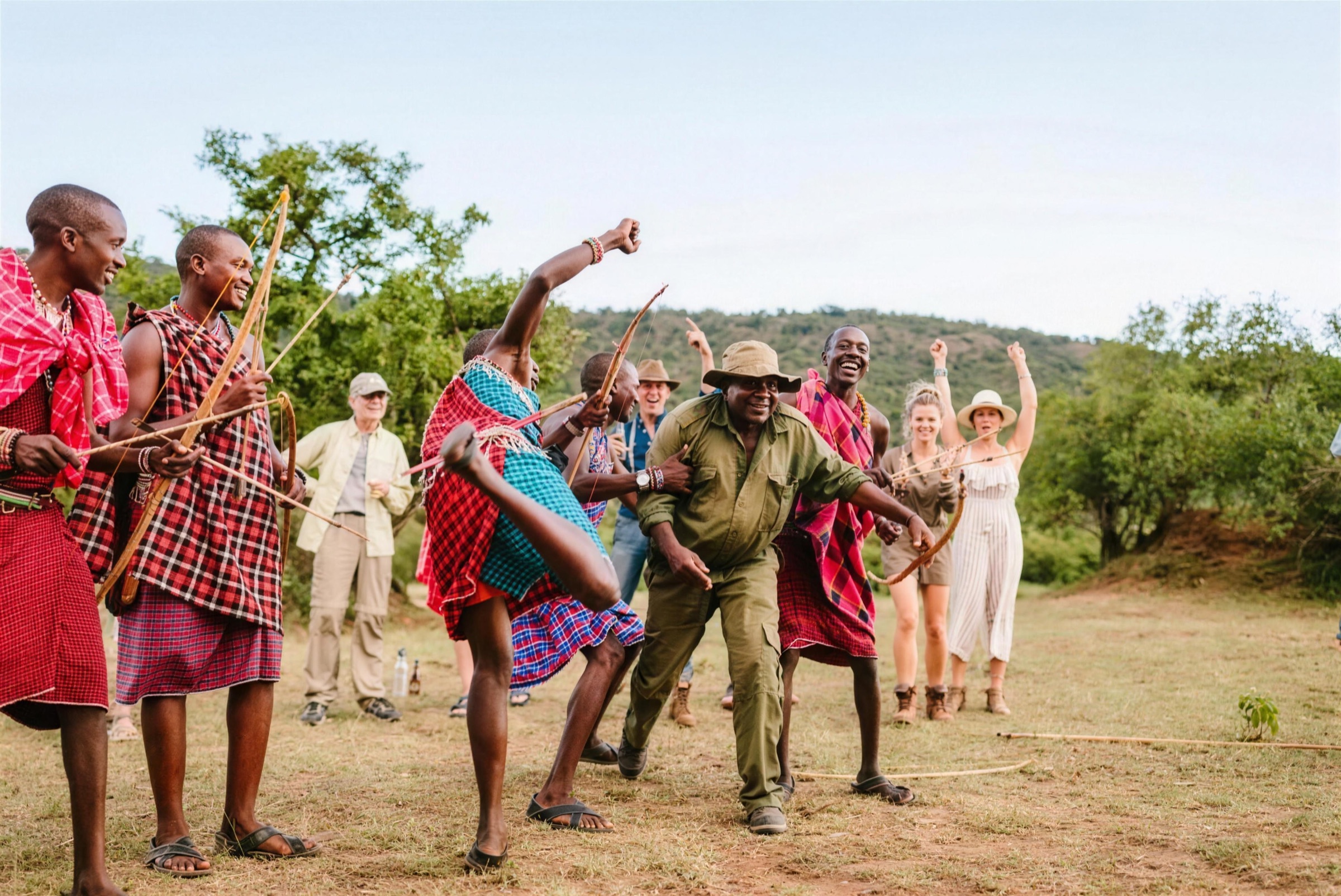 Maasai warriors and guests at Cottar's 1920s camp