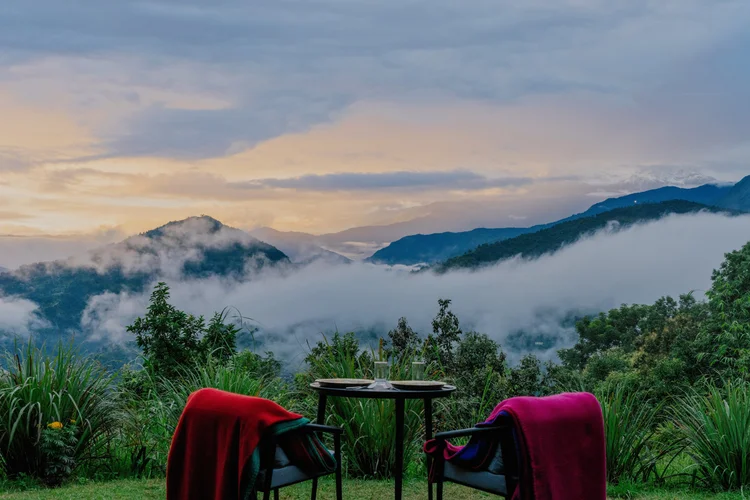 Tiger Mountain Pokhara Lodge, Nepal — dawn over the valley from the ridge